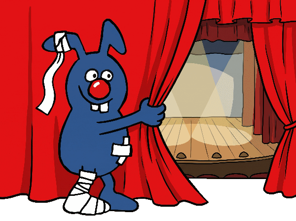 Das Maskottchen öffnet den Bühnenvorhang
